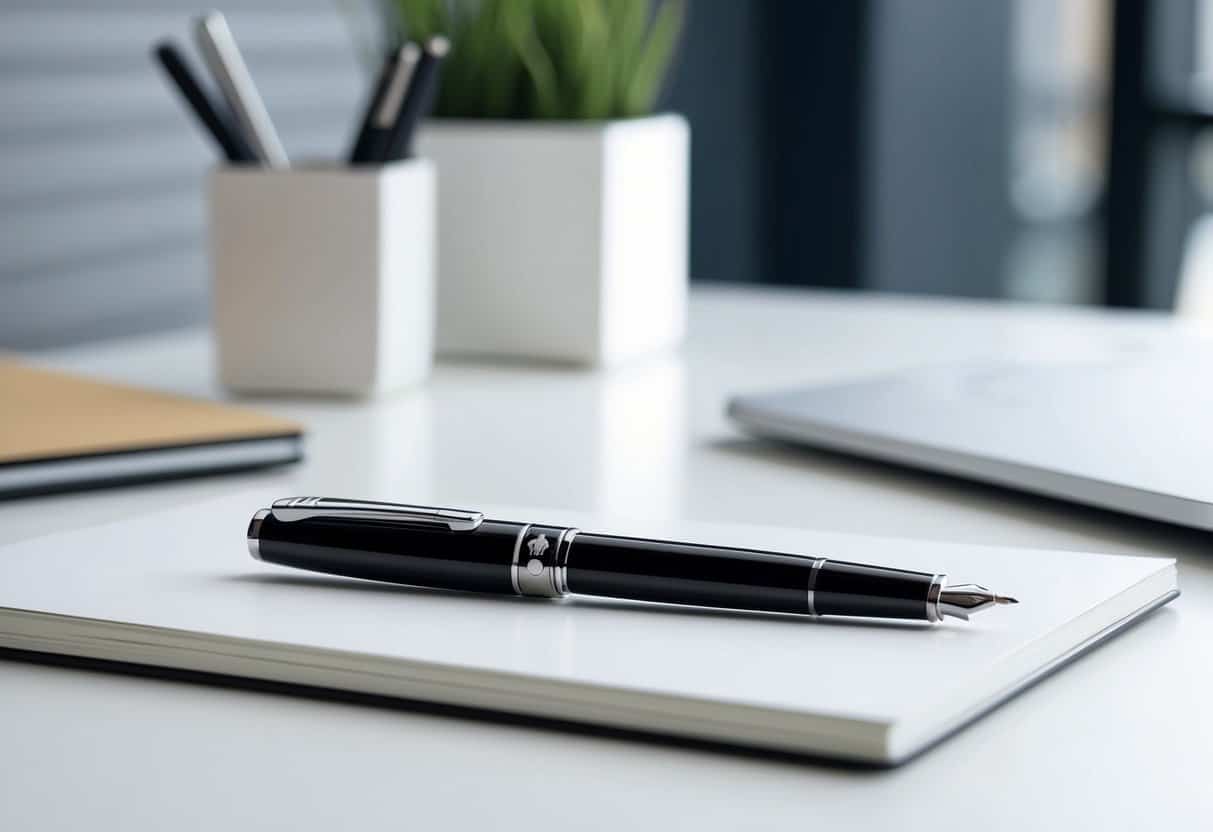 A sleek Montblanc Classic Fountain Pen sits on a clean, modern desk surrounded by minimalist office decor