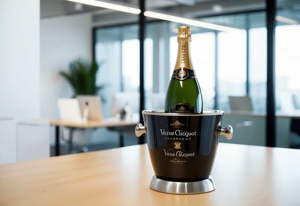 A sleek Veuve Clicquot Champagne cooler sits amidst minimalist office decor, featuring clean lines and neutral tones