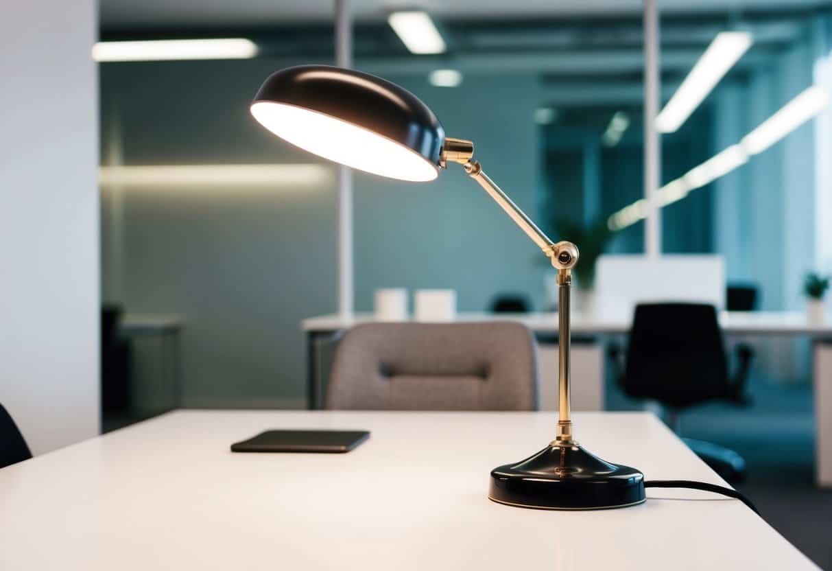 A sleek vintage desk lamp illuminates a minimalist office space with clean lines and simple decor