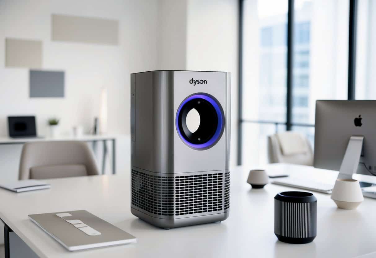 A sleek Dyson Pure Cool Me Air Purifier sits on a modern desk surrounded by minimalist office decor, including clean lines, neutral colors, and simple geometric shapes