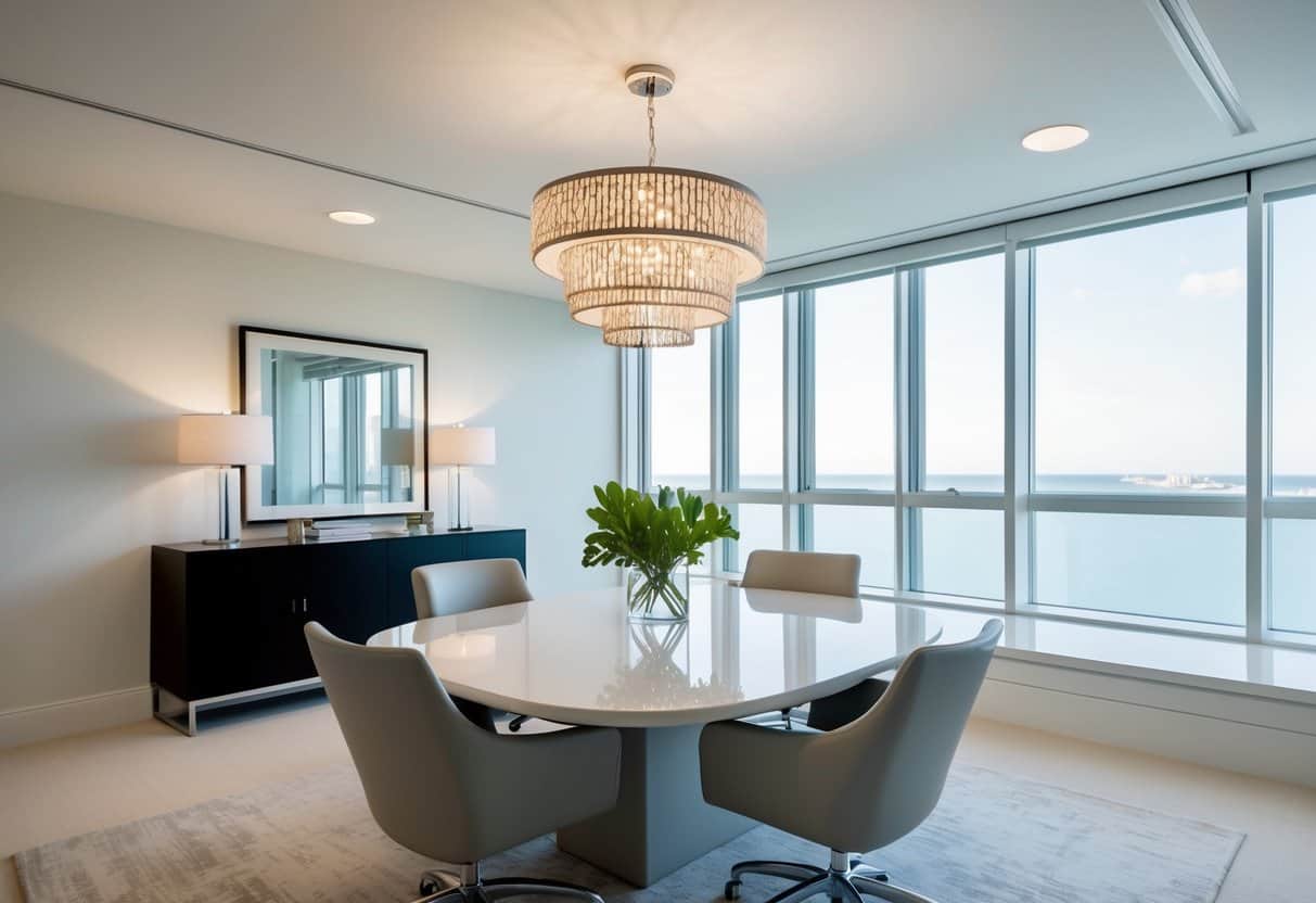 A sleek, modern office with a Pottery Barn Capiz chandelier hanging from the ceiling. Minimalist decor includes clean lines, neutral colors, and simple furnishings