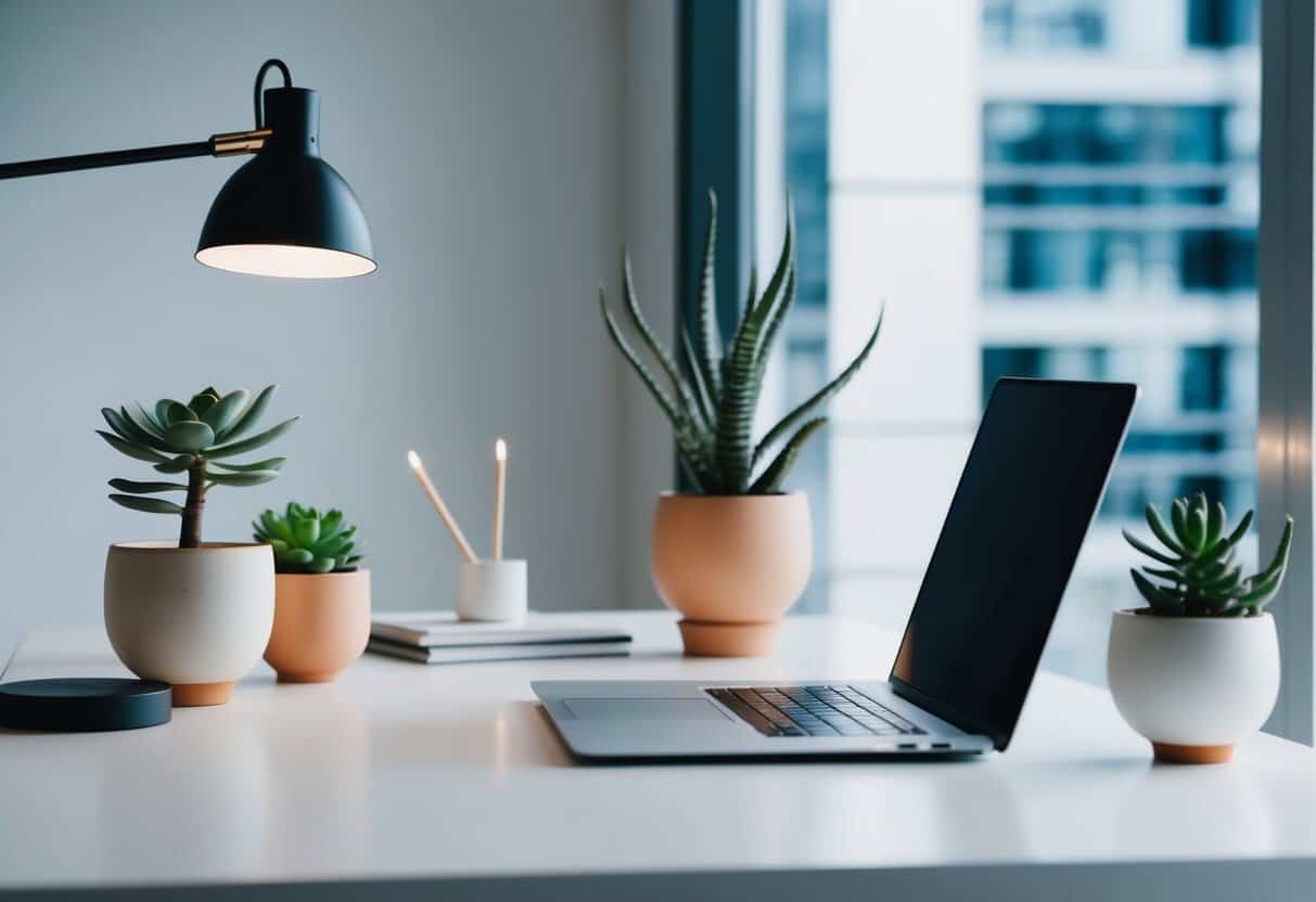 A sleek desk with a laptop, succulent plants in Mochiai ceramic pots, a modern desk lamp, and minimalist decor