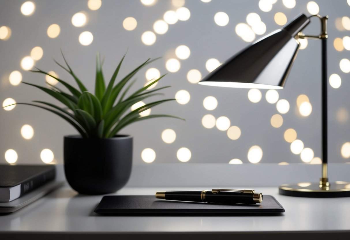 A sleek desk with a Visconti rollerball pen next to a minimalist lamp and plant