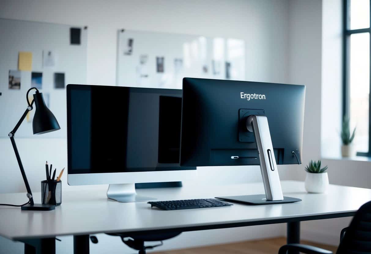 A sleek Ergotron computer stand sits on a modern desk, surrounded by minimalist office decor