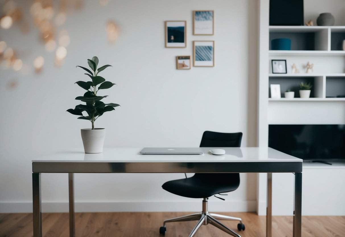 A sleek desk with a single potted plant, a modern chair, and a few simple decorations on the wall