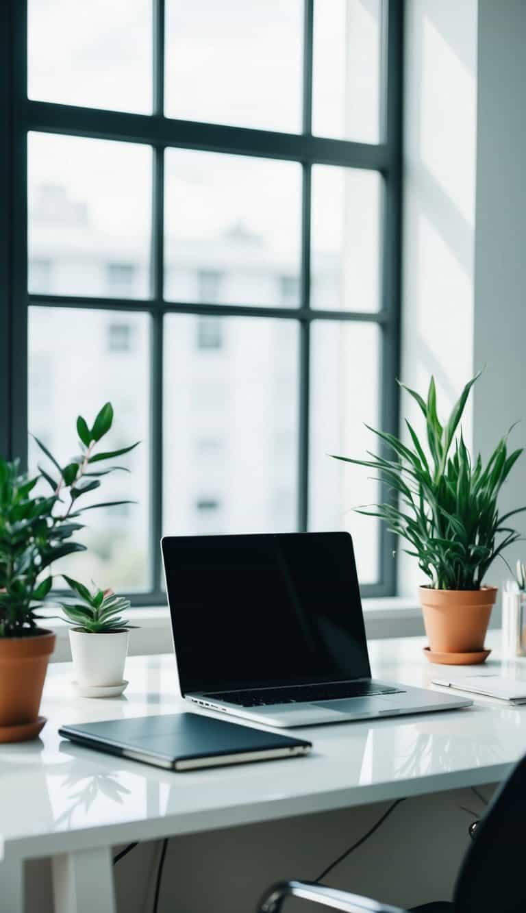 A clean white desk with a laptop, potted plants, and modern office supplies. A large window lets in natural light, illuminating the serene workspace