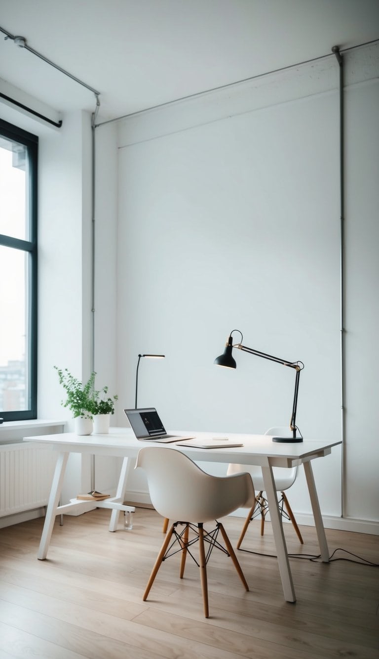 An all-white workspace with minimalist furniture and natural light