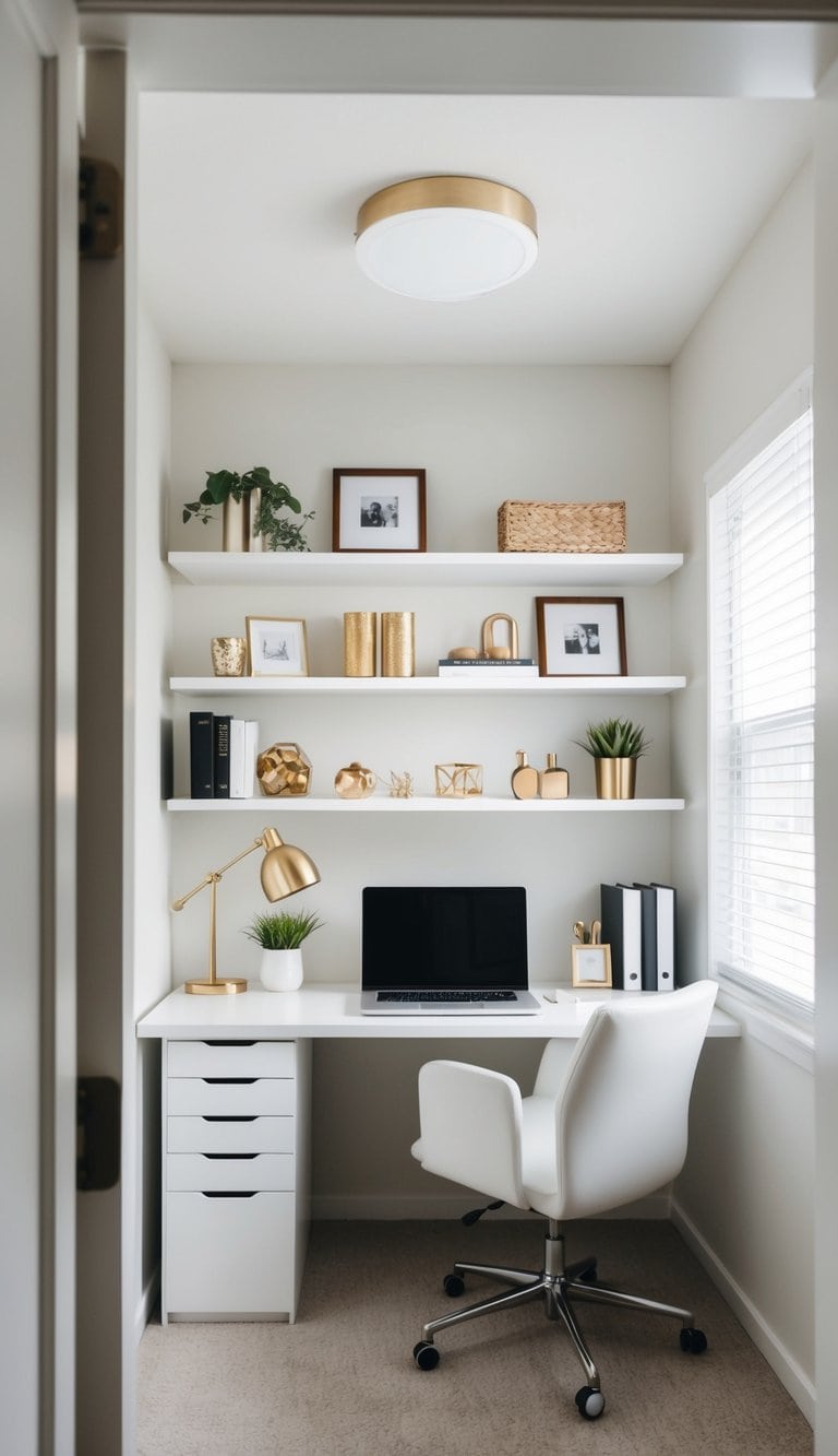 A white home office with floating shelves displaying various items and decor