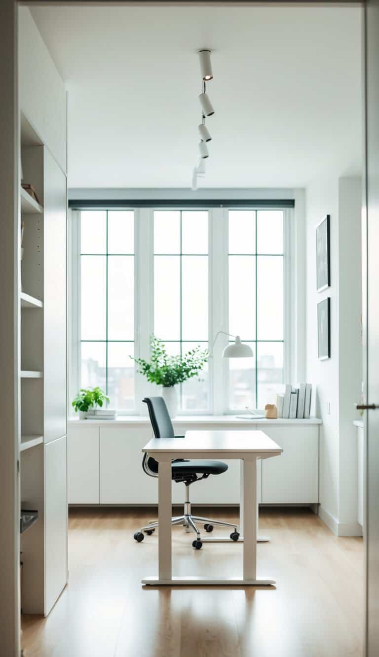 A minimalist white standing desk in a bright, airy home office with modern decor and natural light