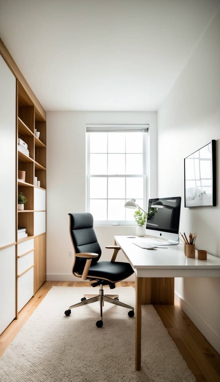 A minimalist white home office with natural wood accents, clean lines, and plenty of natural light