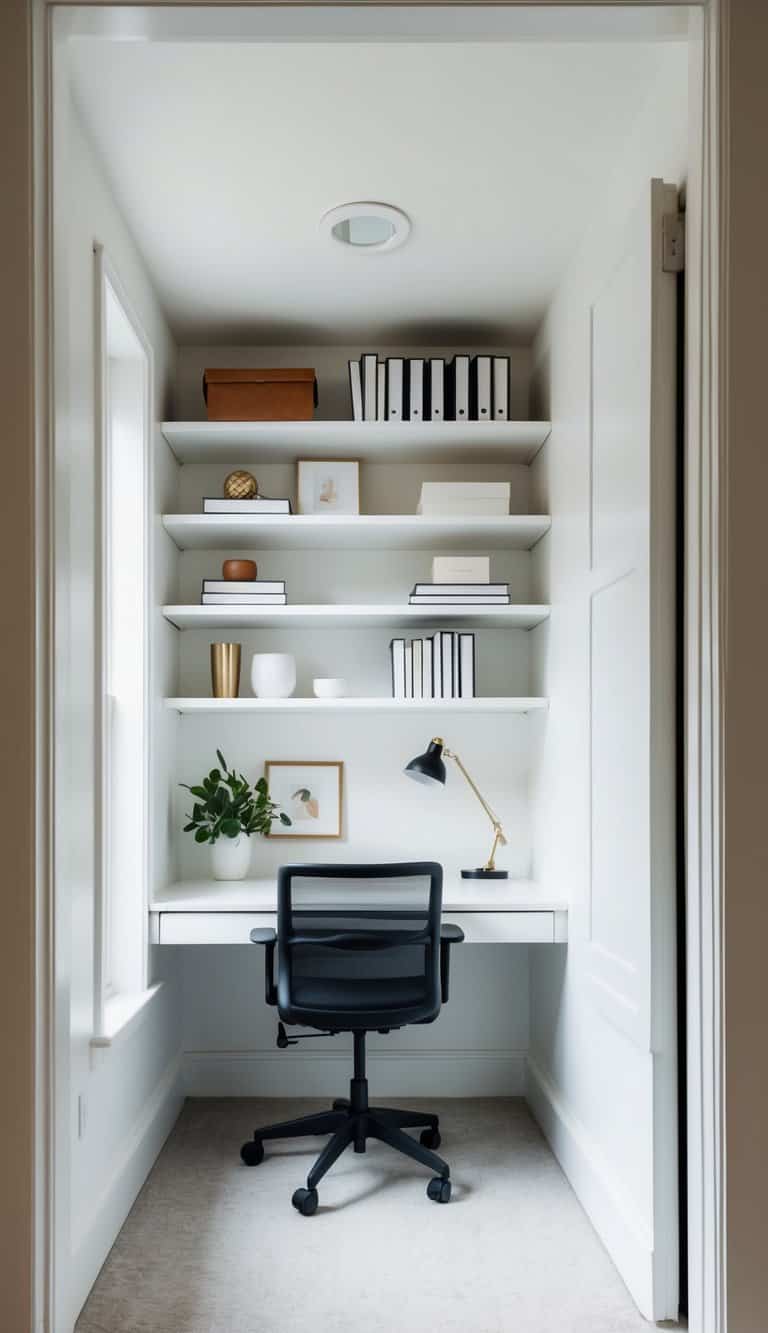 A small, neatly organized white office nook with shelves, a desk, and minimal decor