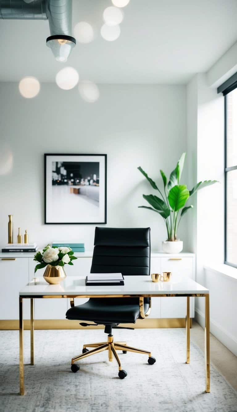 A white office with gold accents, featuring a sleek desk, modern chair, and stylish decor