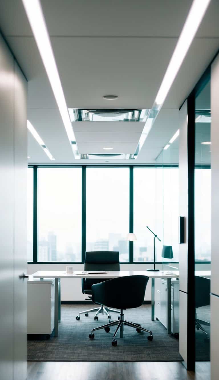 A sleek black and white office with modern furniture and minimal decor