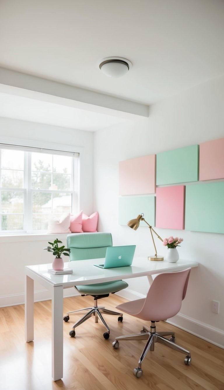 A bright white home office with pops of pastel decor, including soft pink and mint green accents. A sleek desk and comfortable chair complete the minimalist yet inviting space