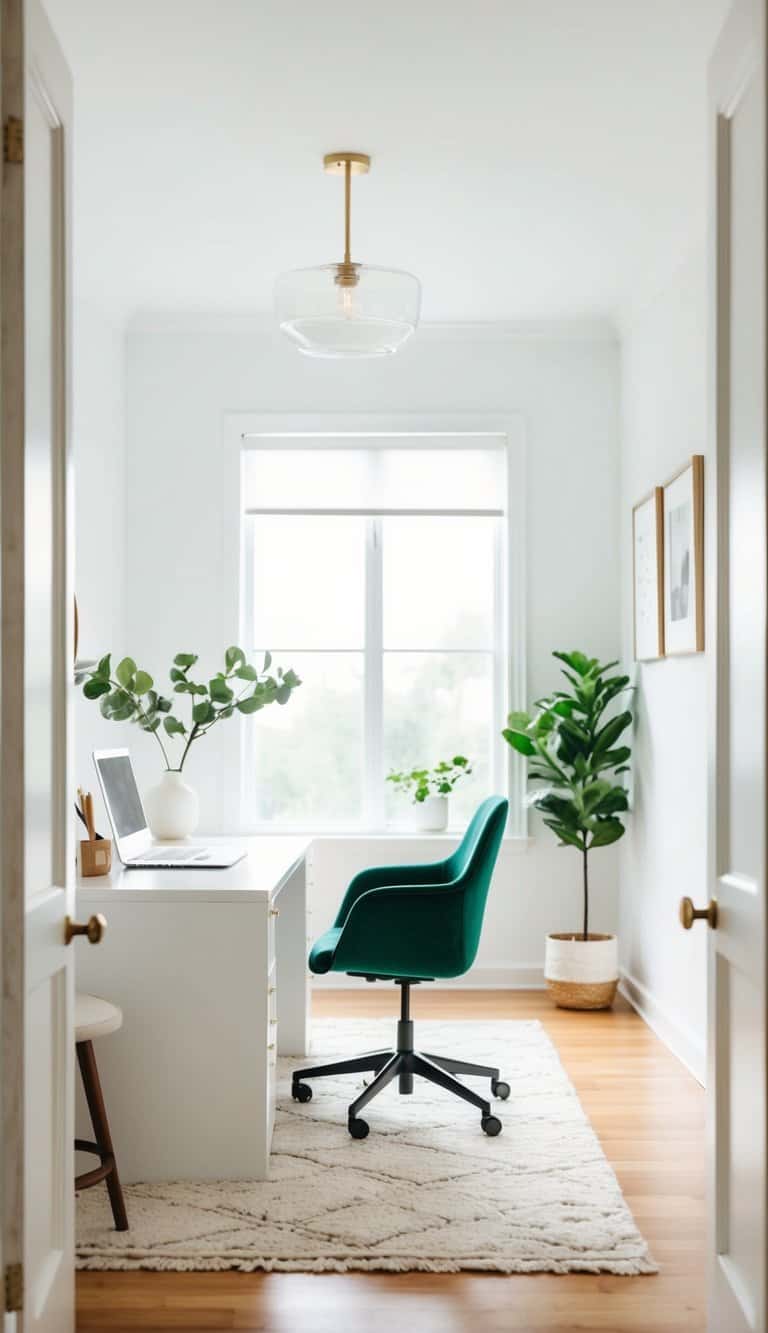 A bright, minimalist home office with white walls, furniture, and natural greenery accents