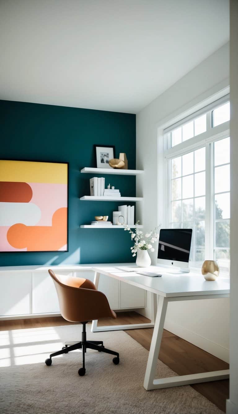 A white home office with a bold accent wall or striking artwork, minimalist desk and chair, shelves with decor, and natural light streaming in through a window