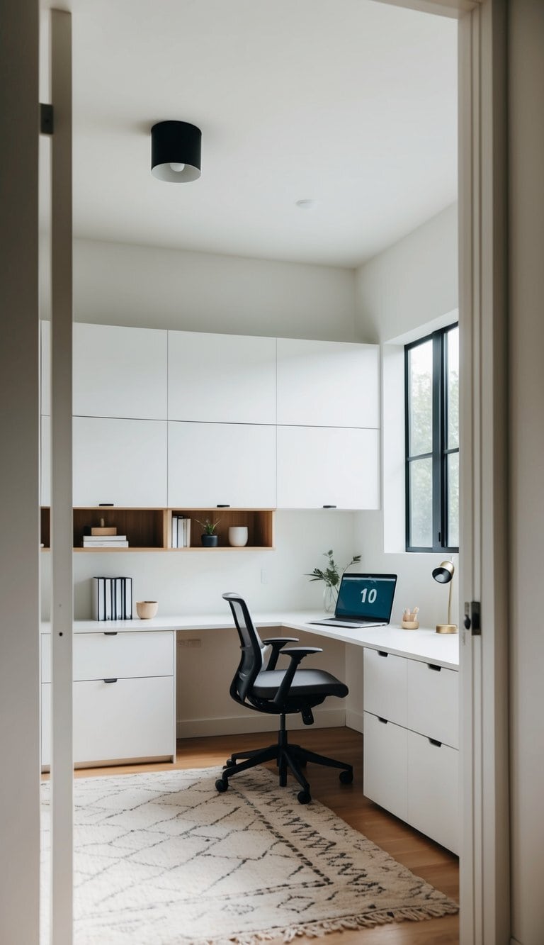 A clean, modern white home office with built-in storage and minimalist decor