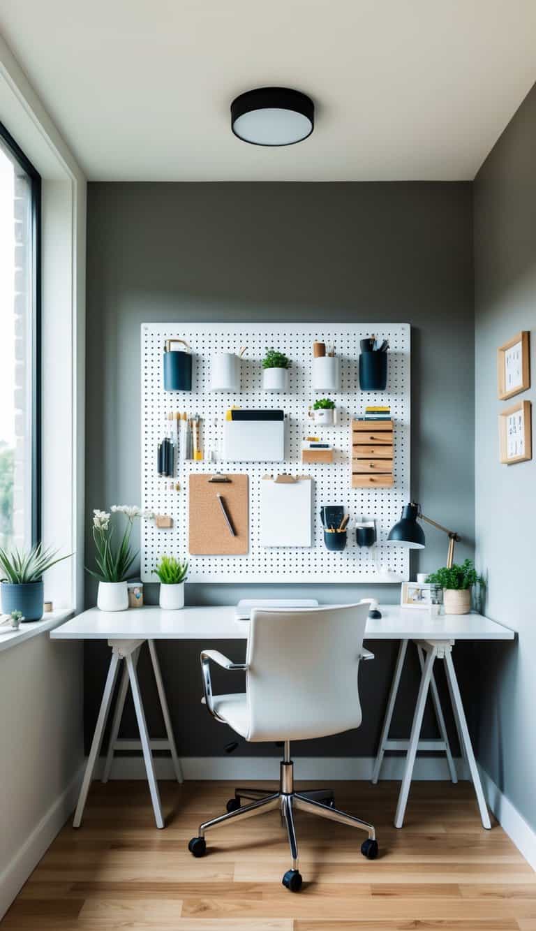 A clean, modern home office with a customizable white pegboard, featuring various organizational tools and decor