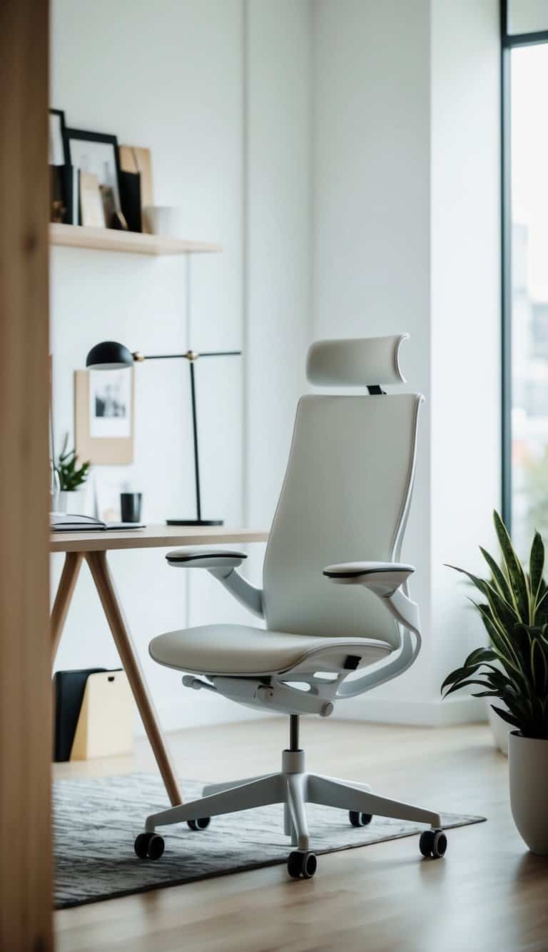 A sleek ergonomic white chair in a modern home office setting, surrounded by minimalist decor and natural light