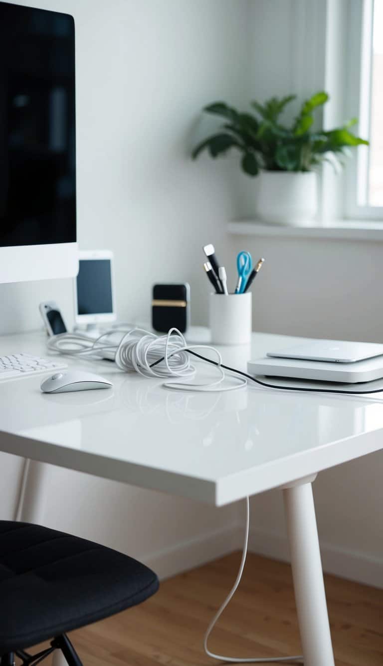 A clean, minimalist white home office with neatly organized cables and accessories