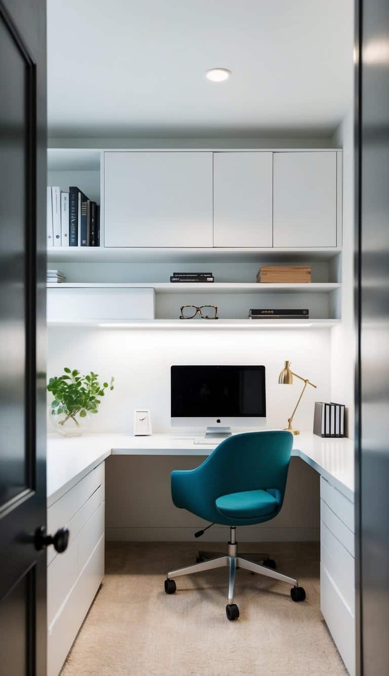 A white home office with hidden storage solutions: sleek desk, floating shelves, built-in cabinets, and concealed drawers