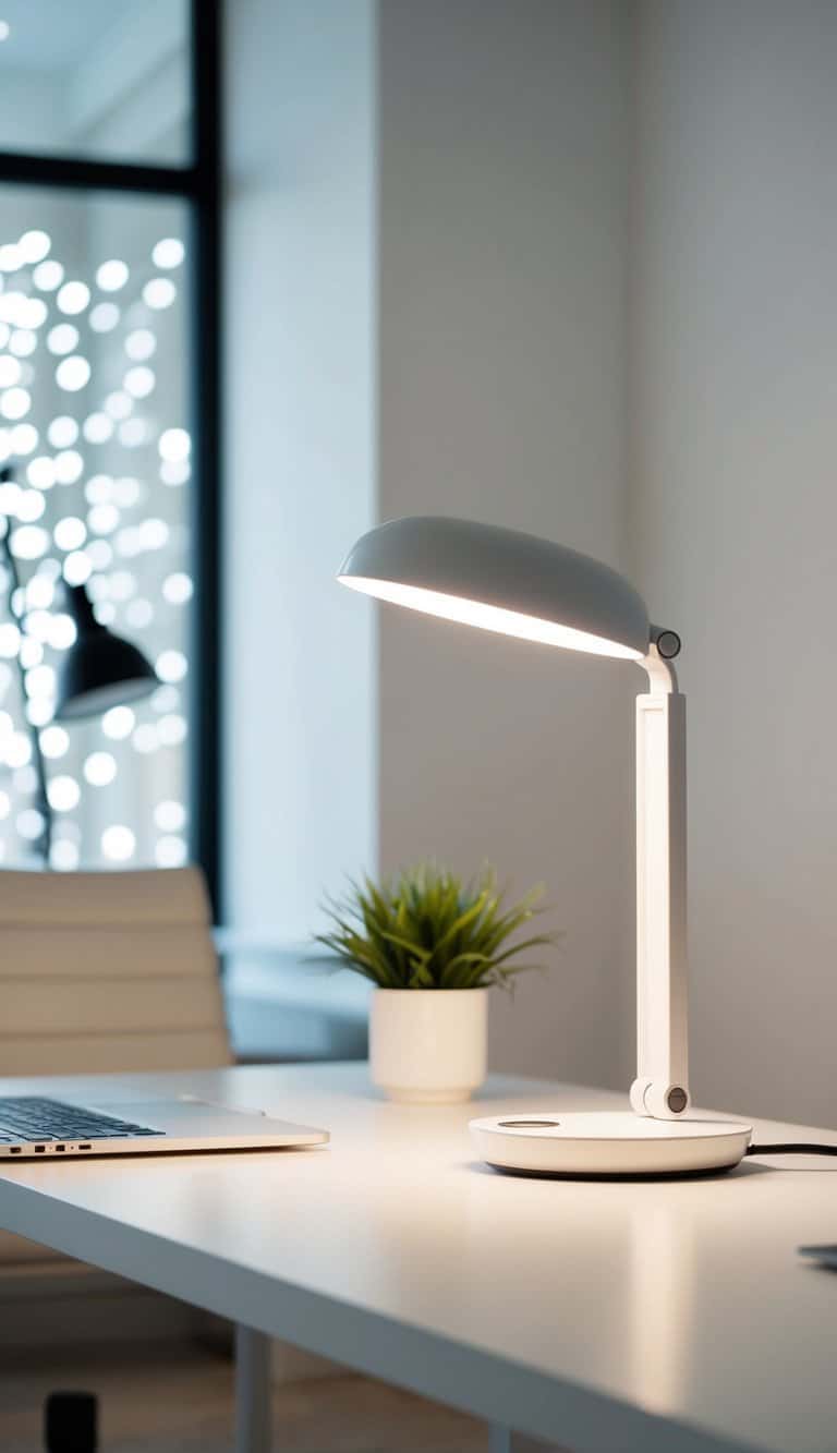 A white desk lamp illuminates a clean, modern home office with minimalistic decor and a serene ambiance