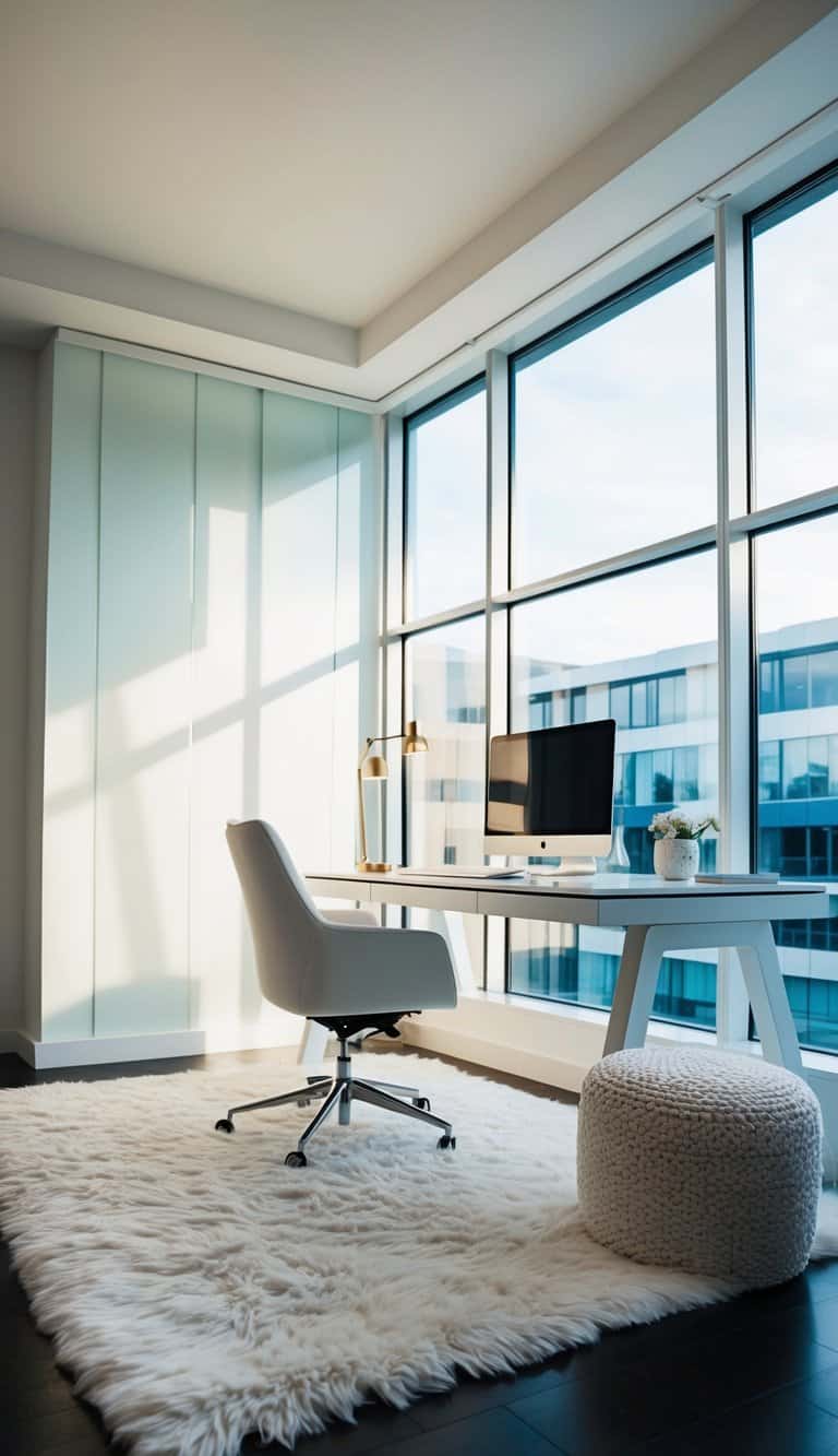 A sleek white home office with a plush white rug, modern furniture, and natural light streaming in through large windows