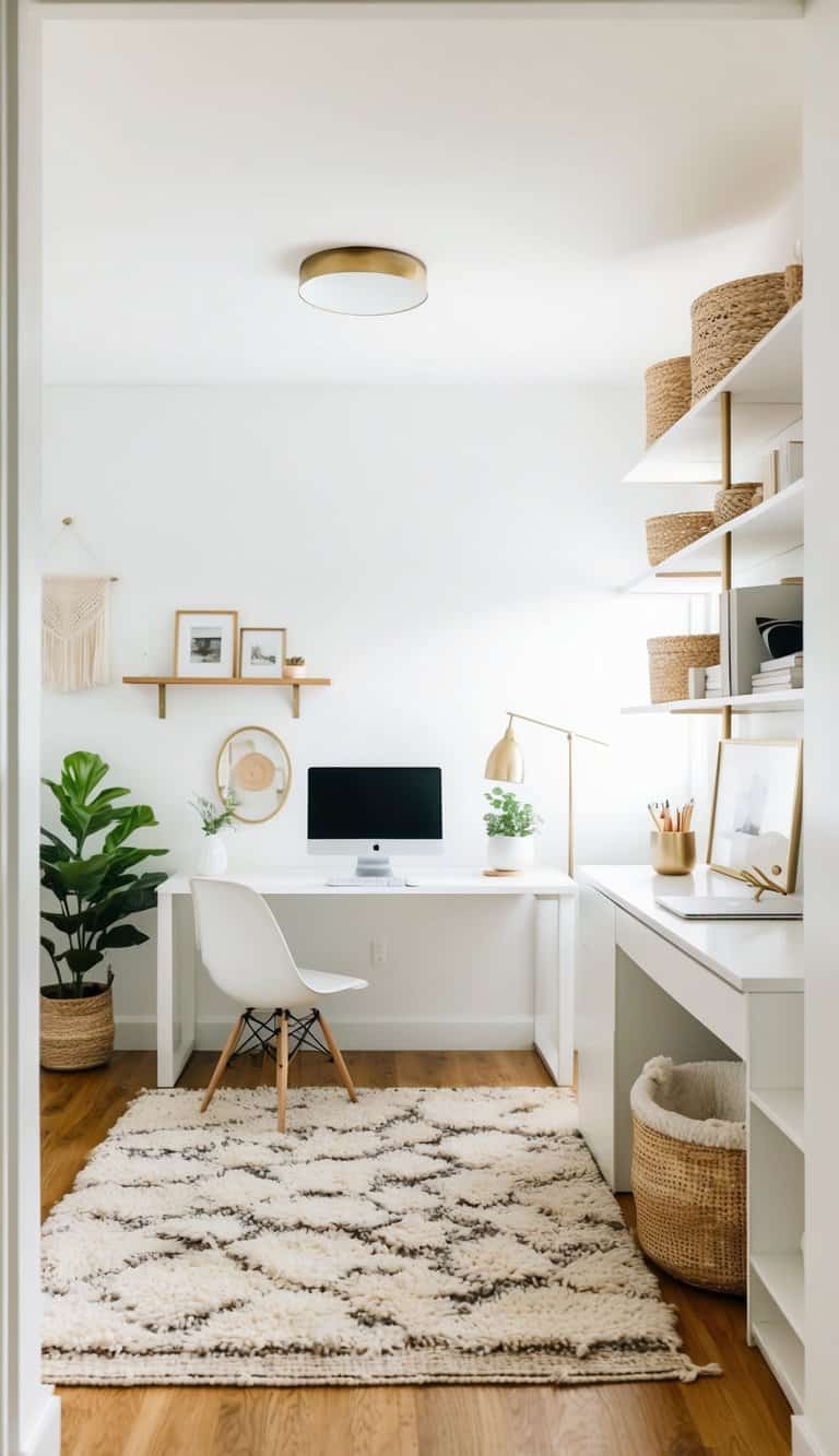 A bright white home office with textured decor, including a cozy rug, modern desk, and minimalist shelving