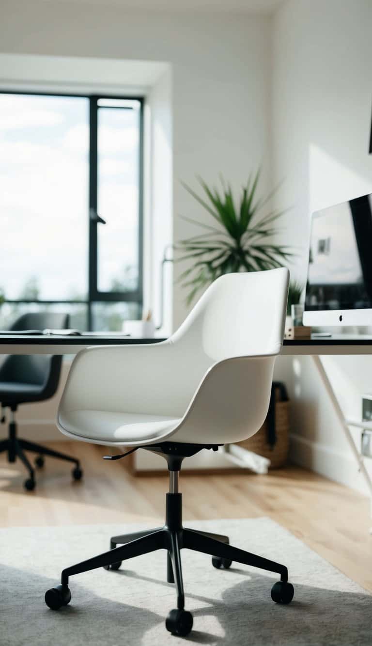 A sleek white chair sits in a modern home office, surrounded by minimalist decor and natural light