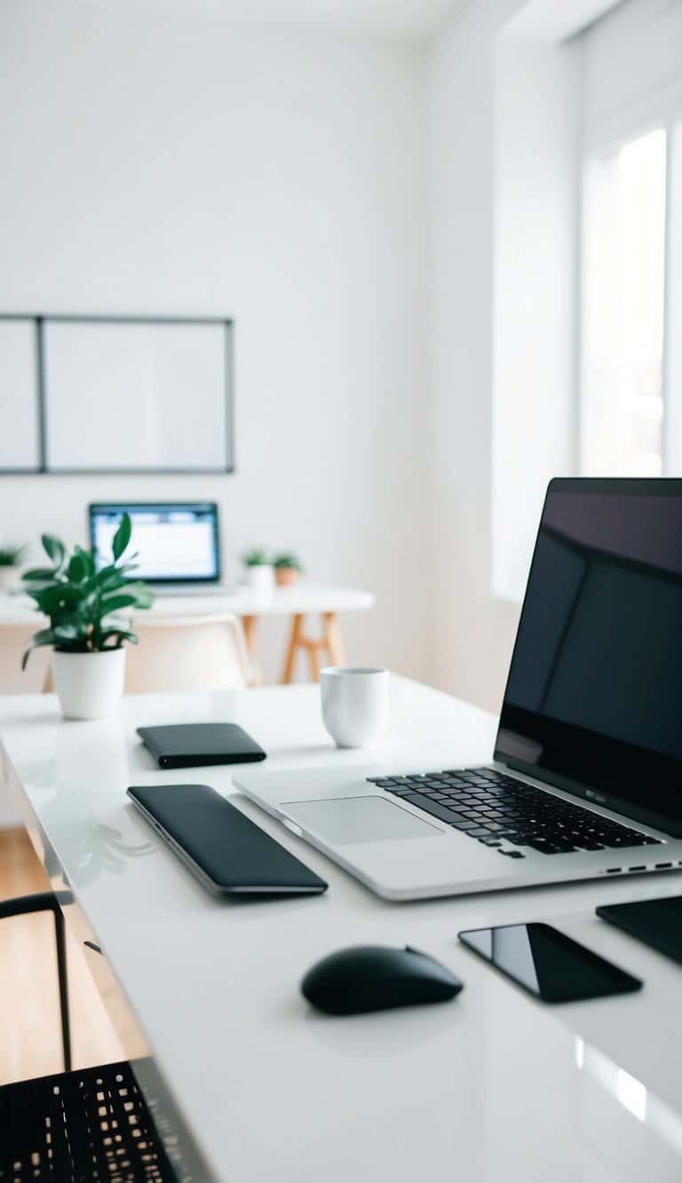 A sleek white desk with a laptop, keyboard, mouse, and other tech accessories arranged neatly in a bright, minimalist home office