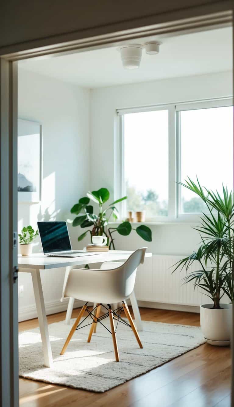 A bright, minimalist home office with white furniture, natural light, and green plants