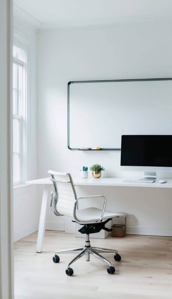 white home office with a white board