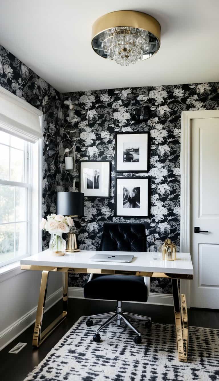 A cozy home office with monochrome floral wallpaper, a sleek desk, and feminine decor in black and white