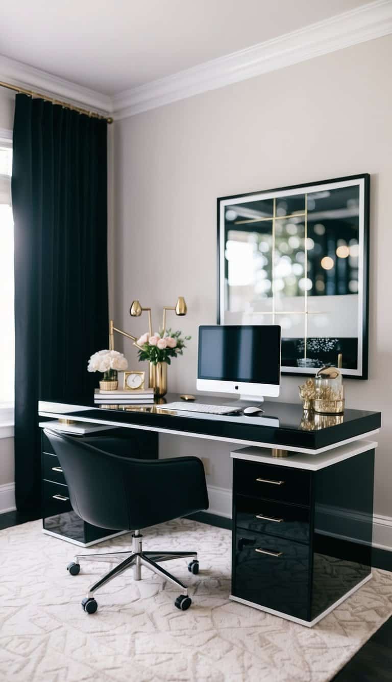 A sleek black desk with white accents stands in a modern, feminine home office. Luxe decor and stylish accessories complete the sophisticated space