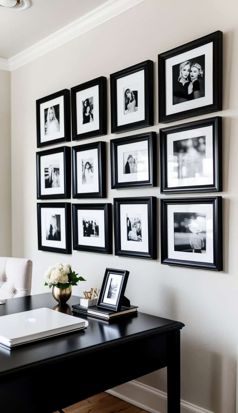 A gallery wall of 15 black frames, featuring feminine black and white home office decor