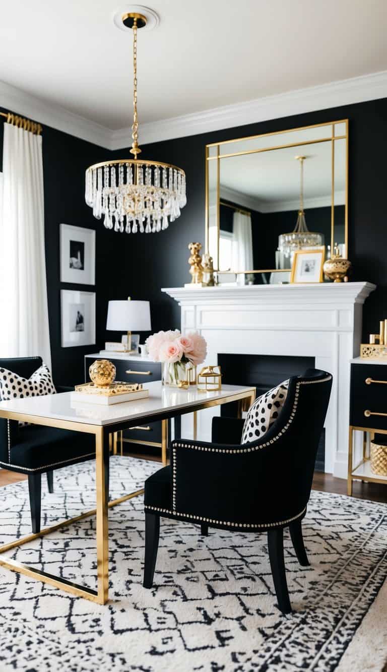 A chic black and white home office with gold accents. Feminine decor includes elegant furniture, stylish desk accessories, and soft lighting