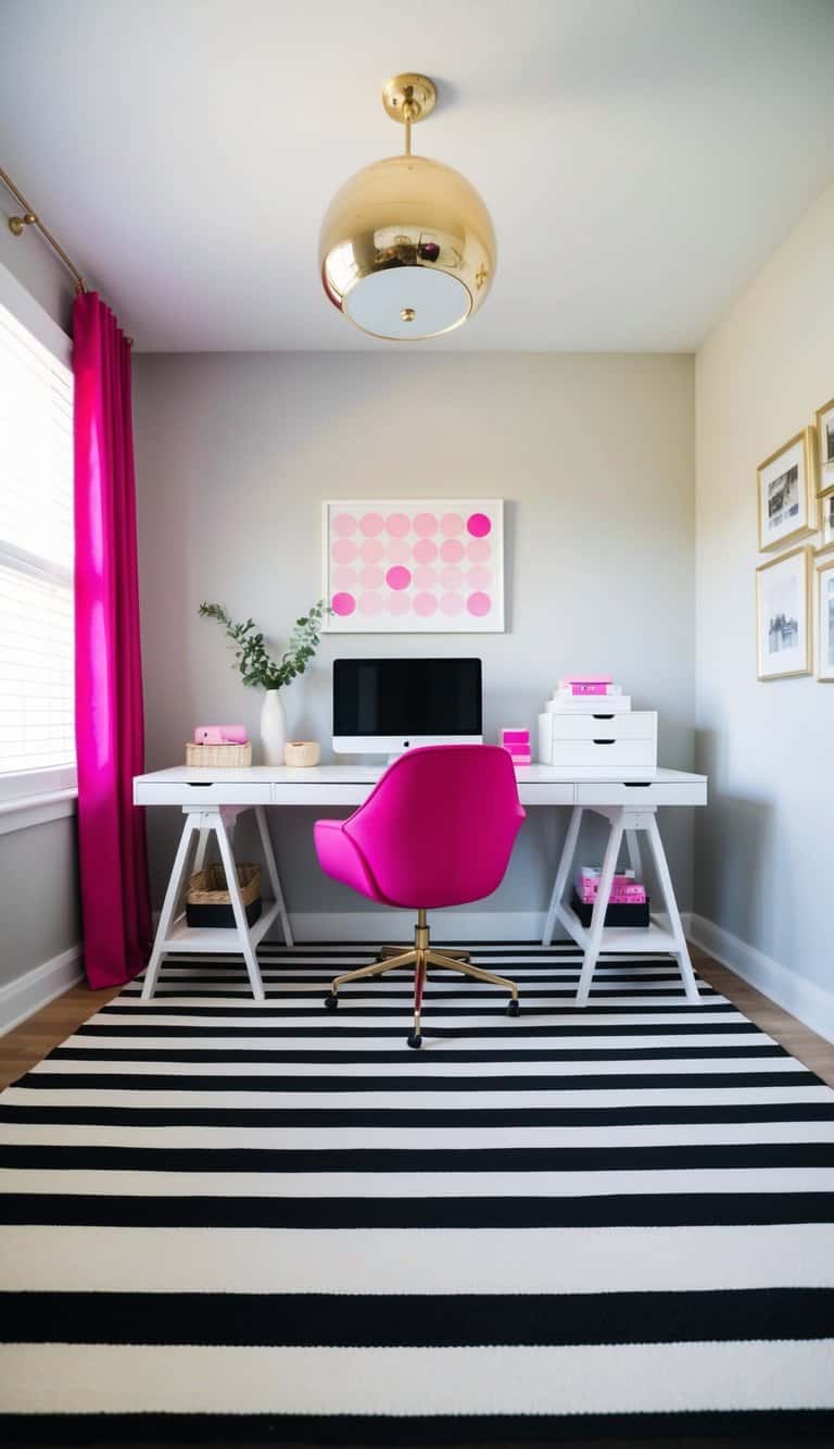 A sleek black-and-white striped rug anchors a feminine home office with modern decor and pops of pink