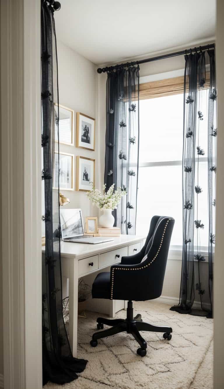 A cozy home office with delicate, flowing curtains in black and white, accented with feminine decor and soft lighting