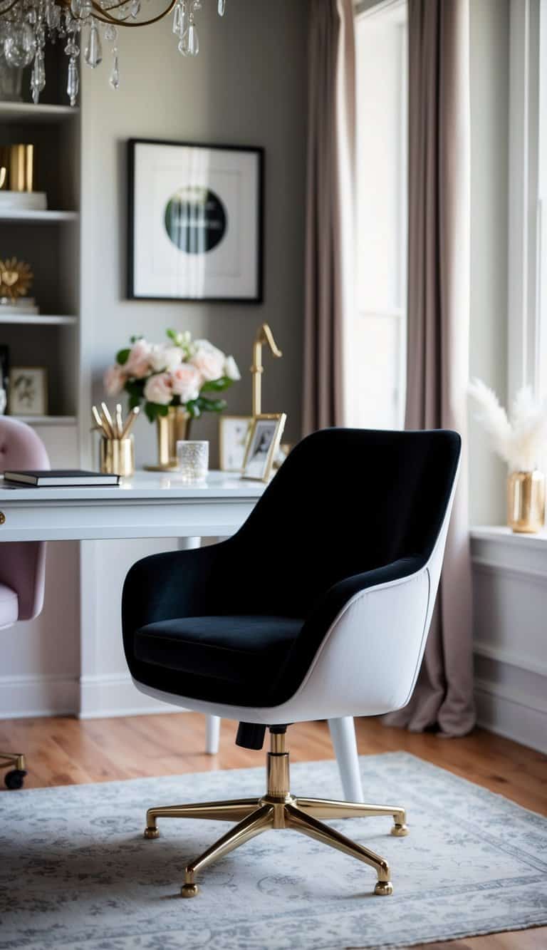 A sleek velvet chair in black or white sits in a stylish and feminine home office, surrounded by chic decor and elegant accents