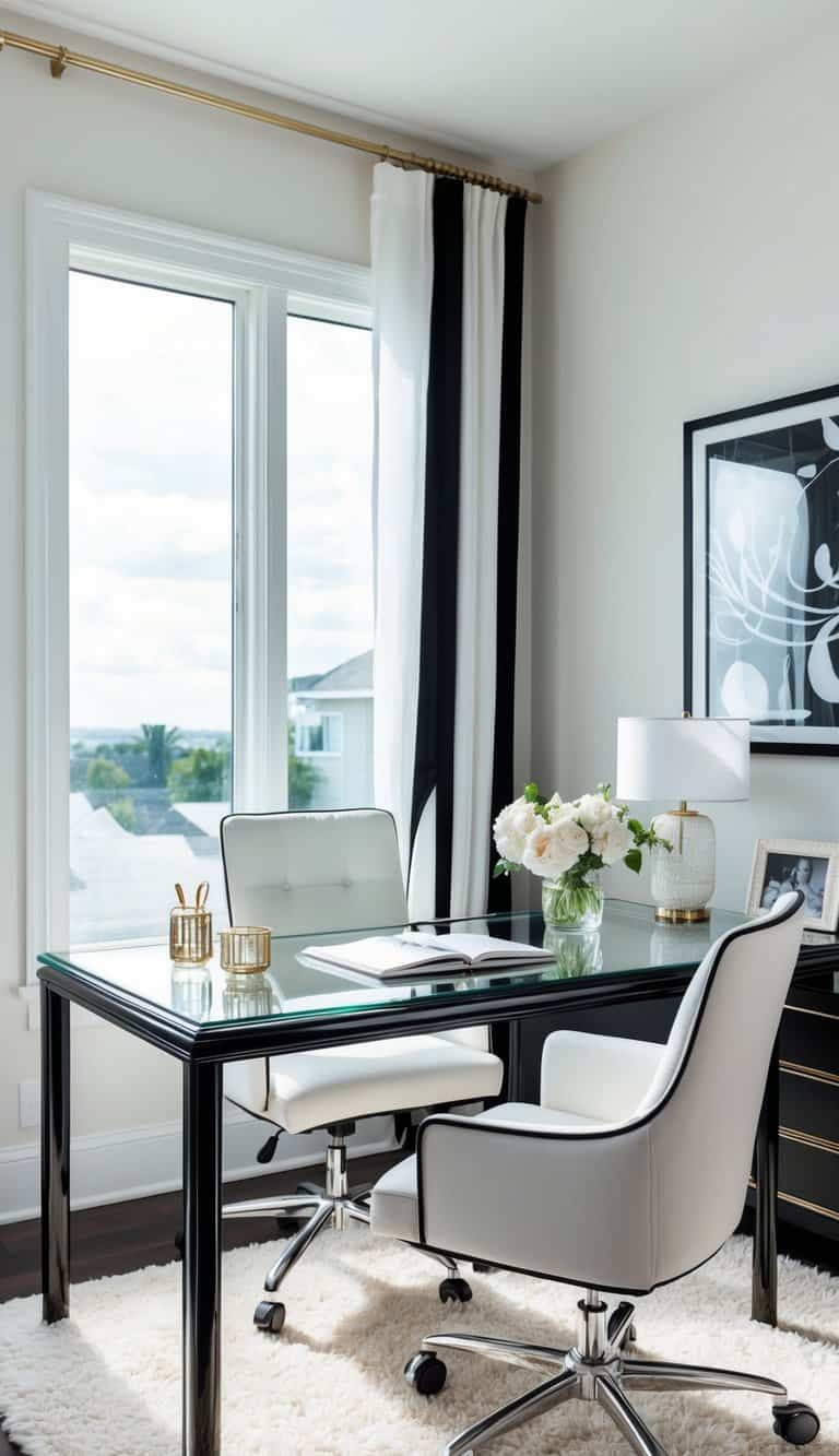 A glass desk with black trim sits in a modern, feminine home office. White and black decor adds a sleek, sophisticated touch