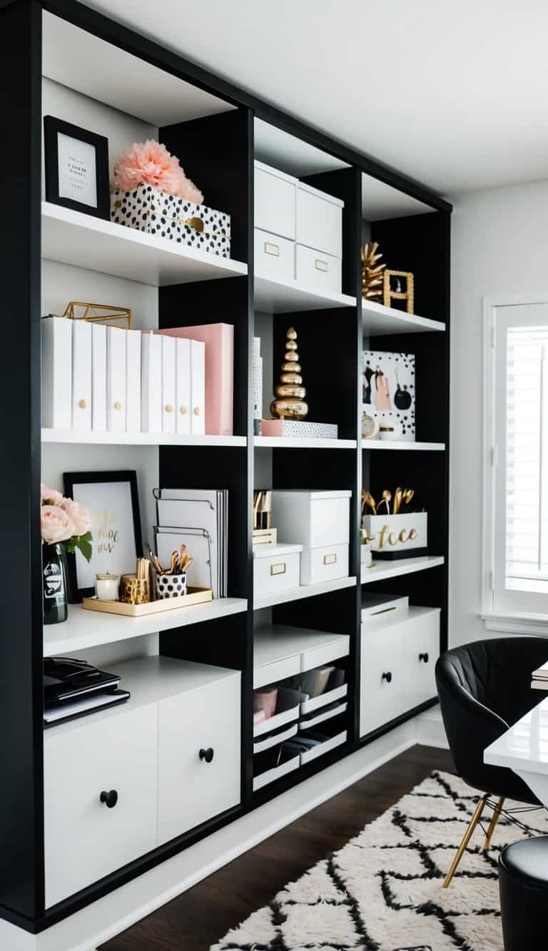 A white shelving unit with black accents holds various feminine office supplies and decor in a stylish black and white home office