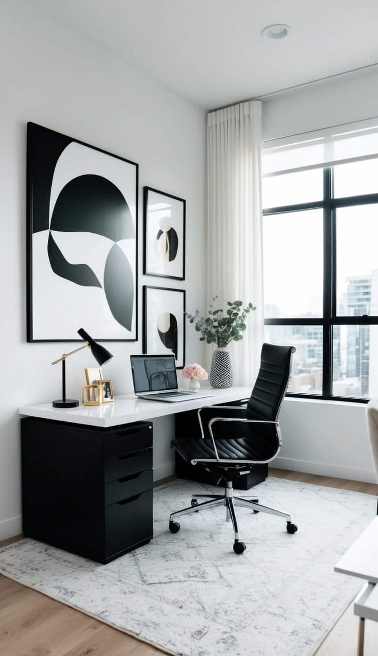 A sleek, modern home office with minimalist black and white decor, featuring abstract art prints and feminine touches