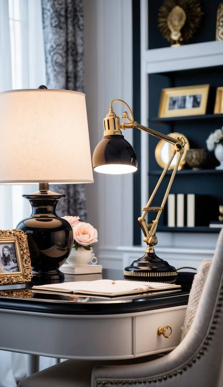 A chic desk lamp illuminates a stylish black and white home office, with feminine decor and elegant accessories