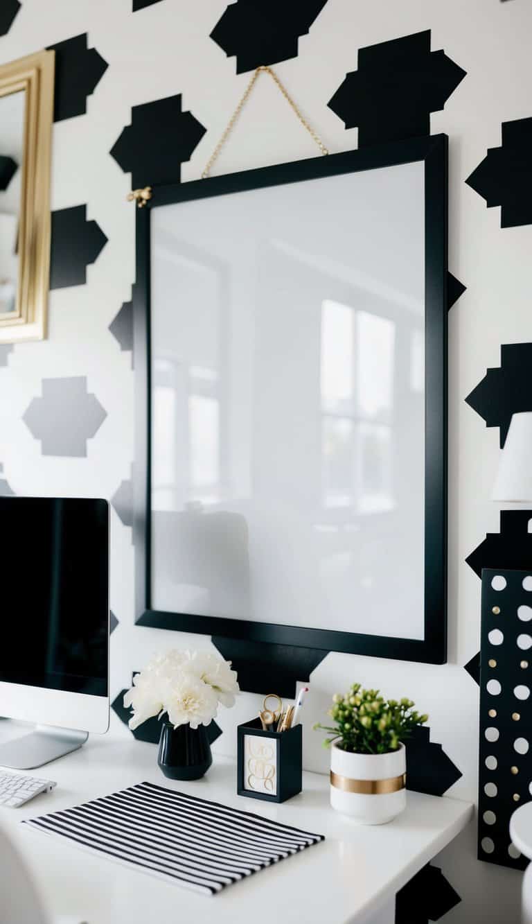 A whiteboard with a black frame hangs on a wall in a stylish and feminine black and white home office