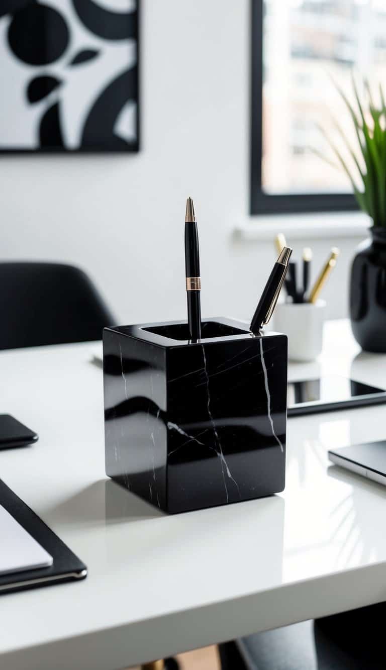 A sleek black marble pen holder sits on a white desk, surrounded by chic black and white office decor