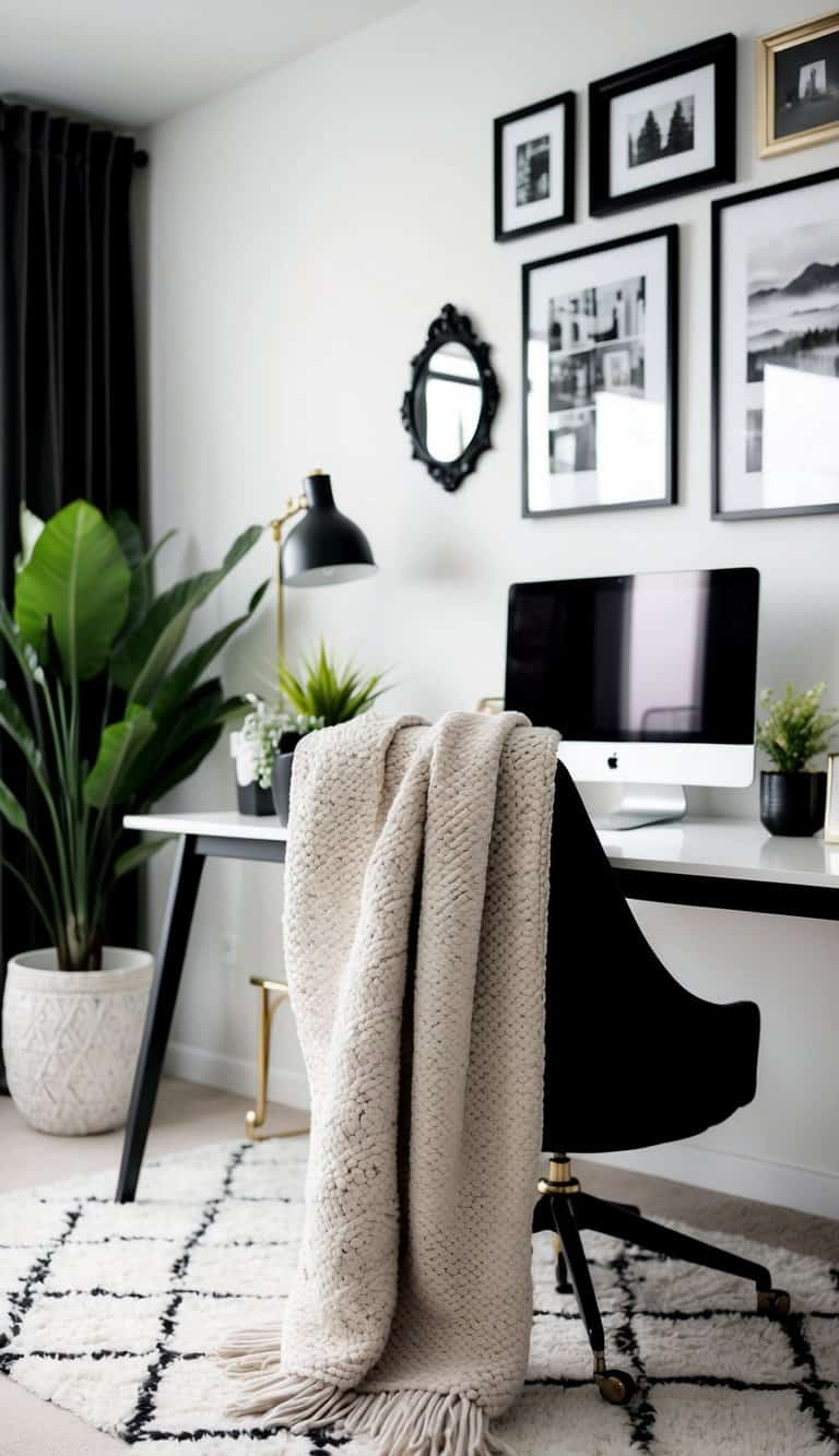 A cozy throw blanket draped over a stylish chair in a feminine black and white home office, with a desk, plants, and decorative accessories