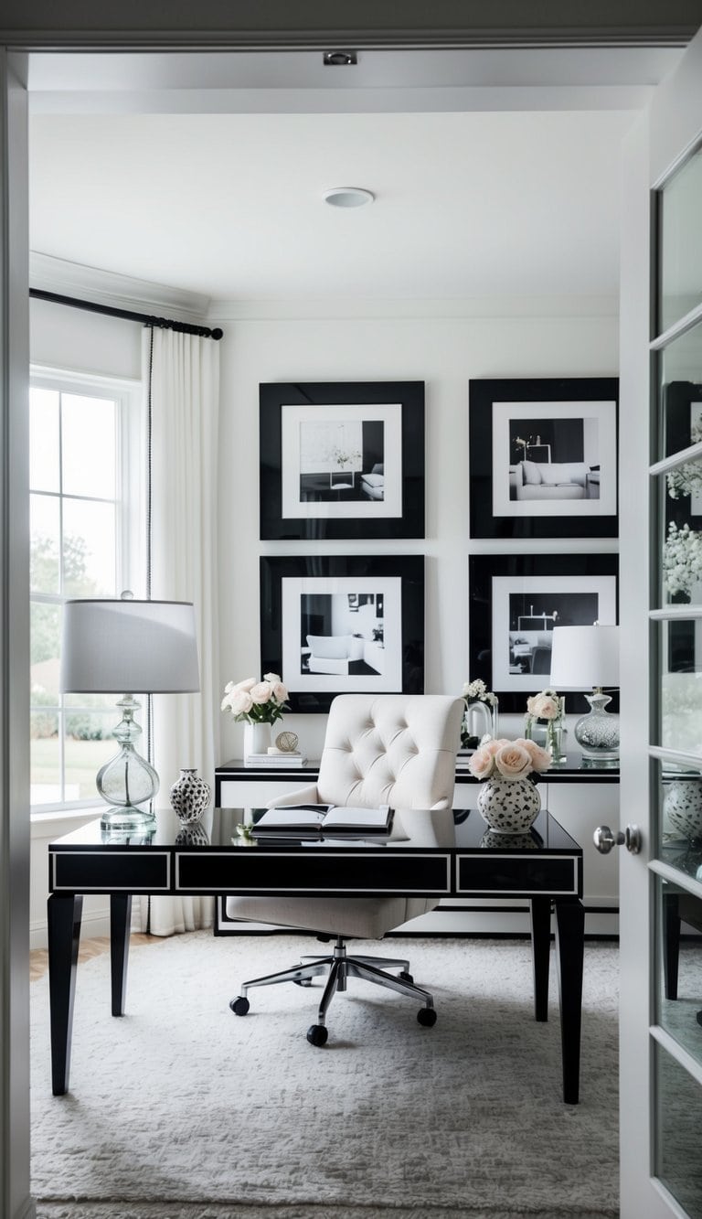 A stylish black and white home office with feminine decor, including a sleek desk, elegant chair, and decorative accents