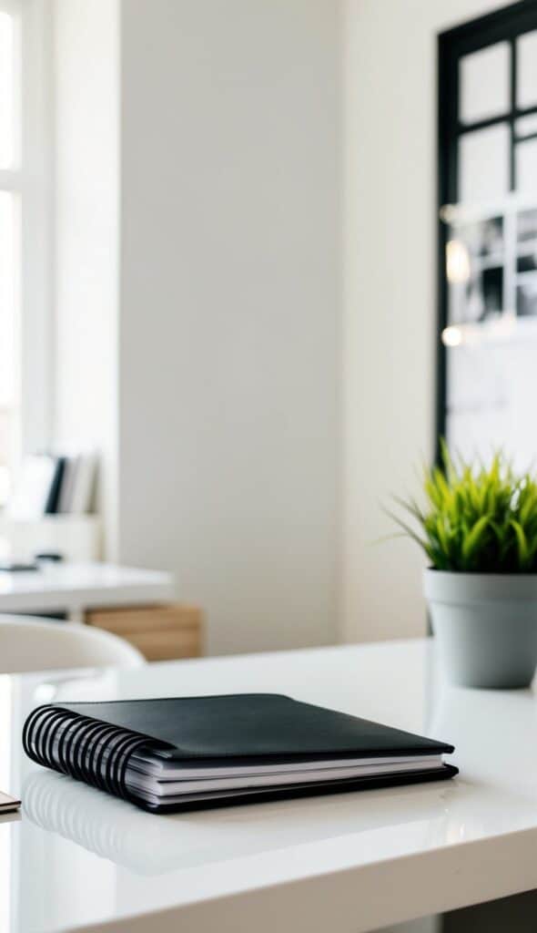 black and white planner on a desk in a bright home office