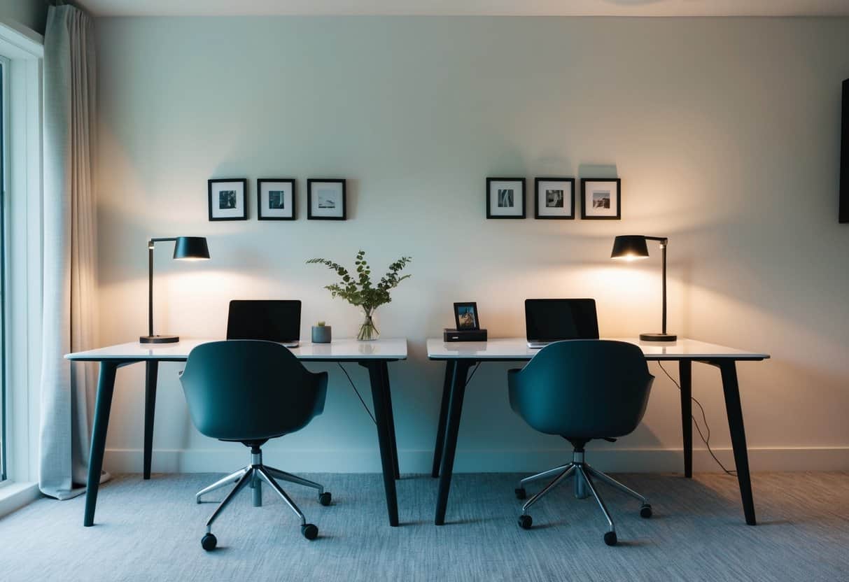 Two sleek, modern desks sit side by side in a well-lit home office, each adorned with a minimalist lamp and a few carefully curated decorative items