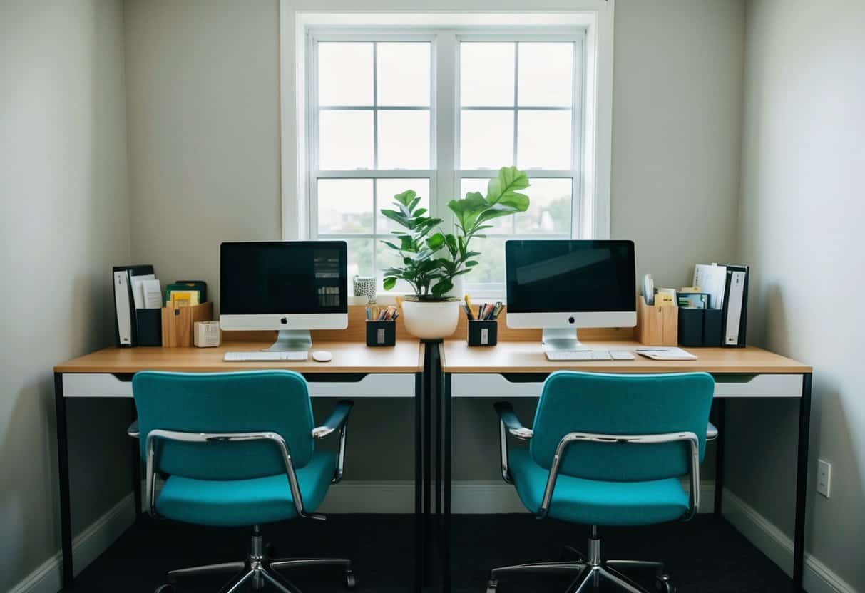 Two desks facing each other, with matching chairs and organized supplies. A window lets in natural light, and a plant adds a touch of greenery